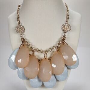 Vintage Beige and Blue Gray Teardrop Acrylic Bib Statement Necklace Unsign